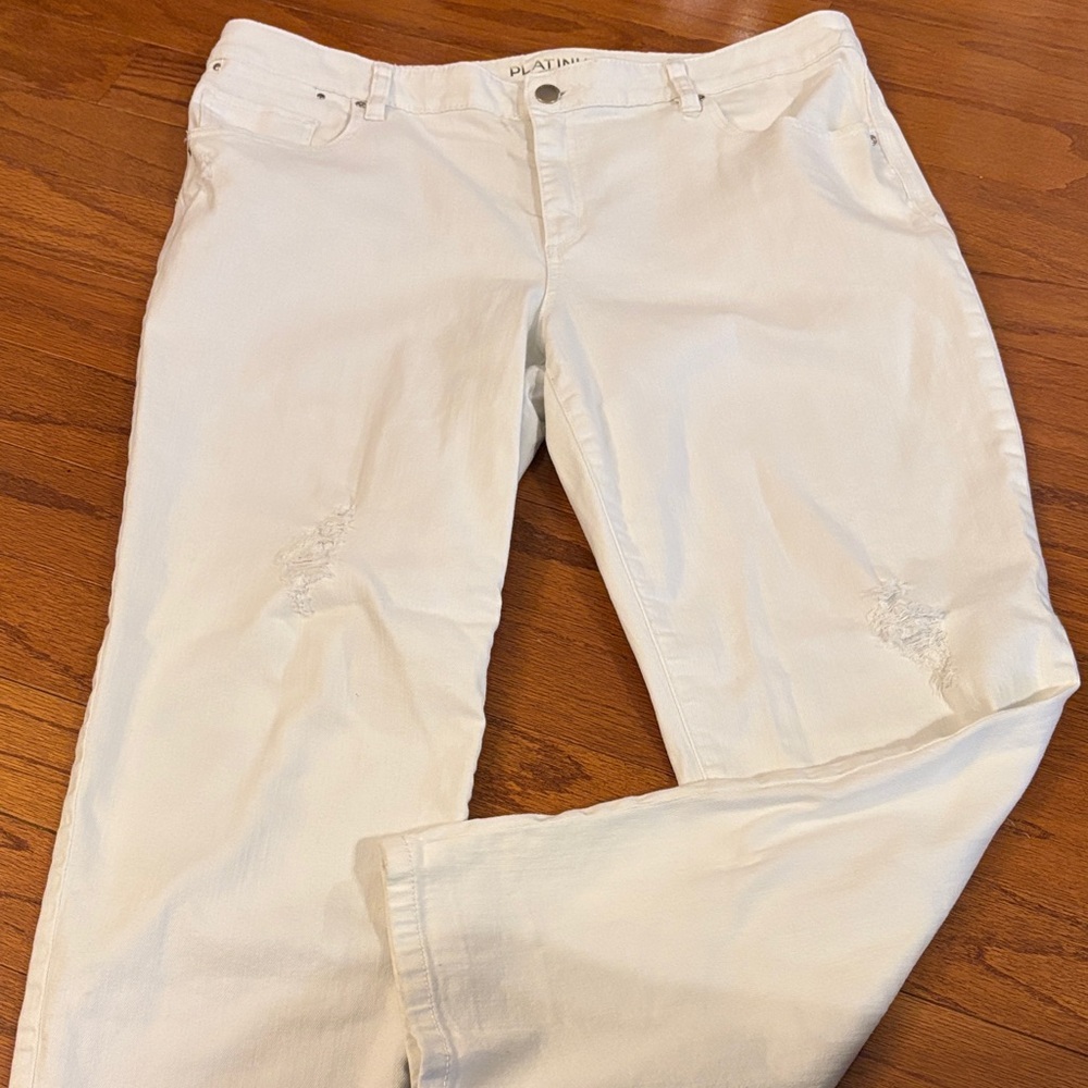 Chico's Platinum Distressed White Straight Leg Jeans